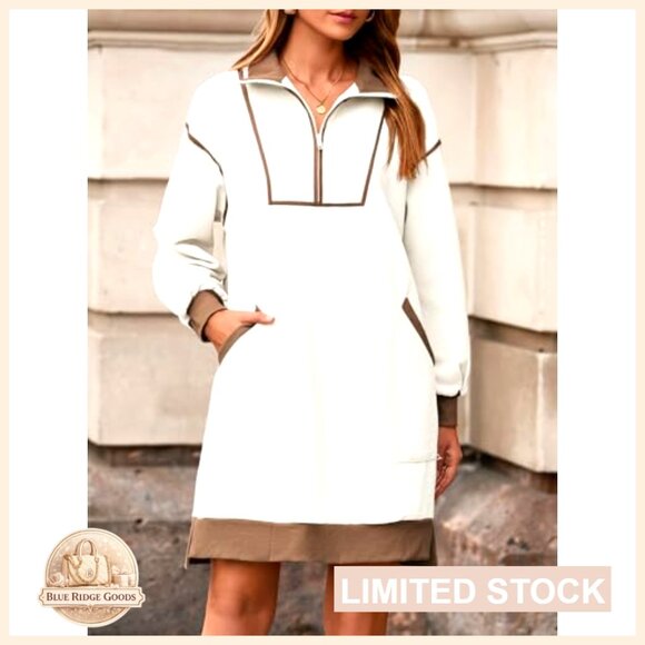 Oversized Sweatshirt Dress Half Zip V Neck Long Sleeve Casual Mini - Picture 2 of 7